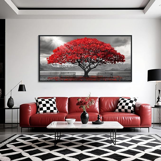 AJAZIKO Red Wall Art - Modern Framed Wall Art for Living Room - Red Tree Black and White Landscape Canvas Prints Posters & Prints for Home Office Bedroom Decorations - Large Wall Pictures 24×48IN