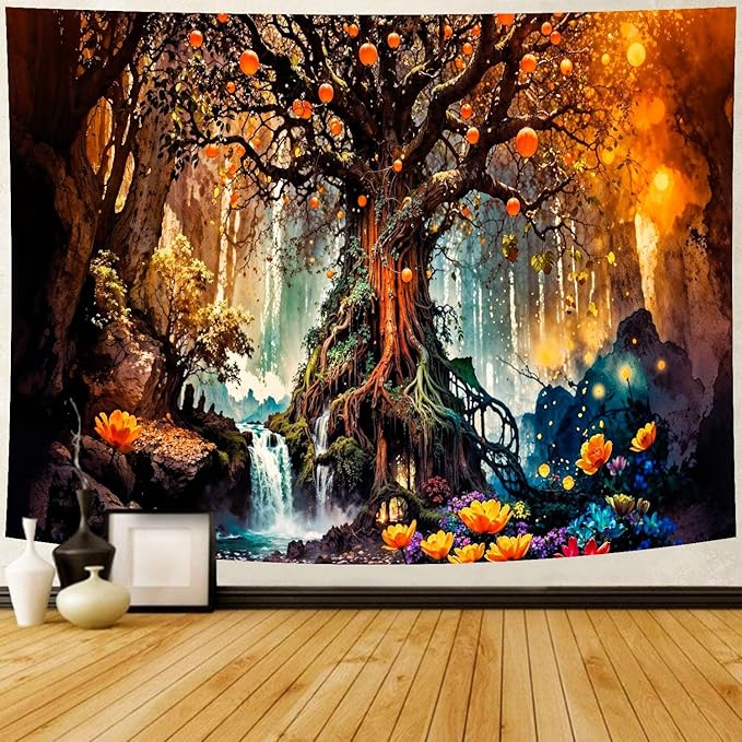 Delur Magical Forest Tapestry Fantasy Tree of Life Fairy Tale Enchanted Mystical Forest Tapestry Psychedelic Nature Landscape Wall Hanging Headboard for Bedroom Living Room Home Decor (51.2" x 59.1")