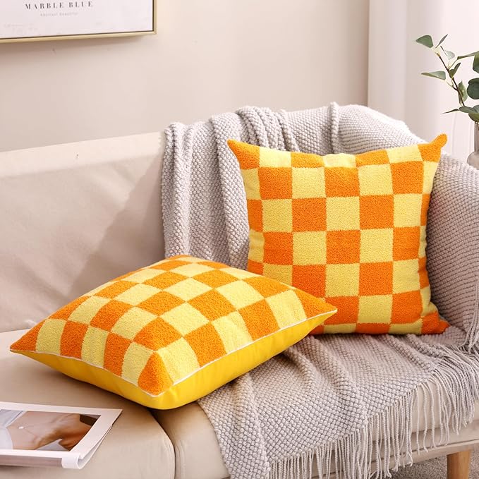 Alysheer Checkered Embroidered Decorative Throw Pillow Covers 18"x 18" Set of 2, Farmhouse Boho Orange Yellow Plaid Tufted Patterned Cotton Canvas Cushion Case for Sofa Couch Bed Living Room Outdoor