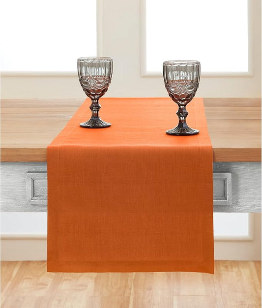 Solino Home Linen Pumpkin Table Runner 48 Inches - 100% Pure Linen Farmhouse Short Table Runner 14 x 48 Inch Ideal for Dresser and Coffee Tables - Fete - Fall, Autumn, Halloween, Thanksgiving