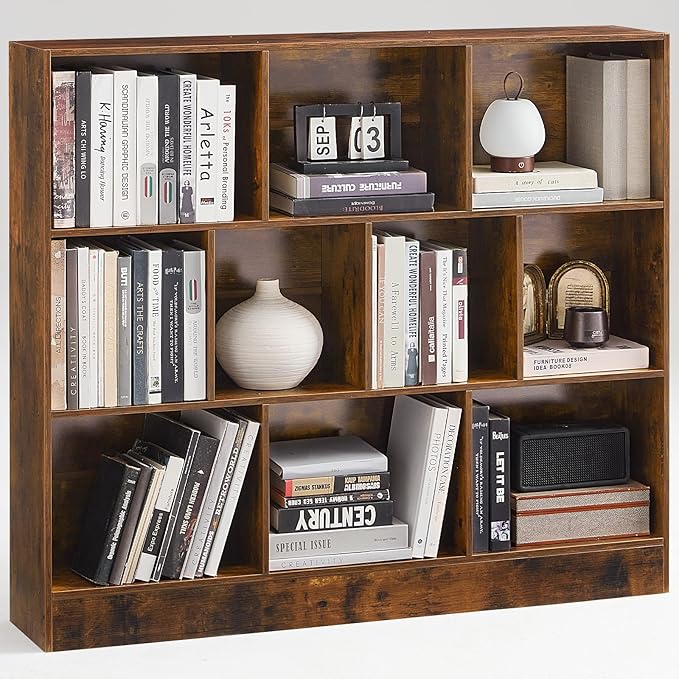 LEYAOYAO 10 Cube Bookshelf with Base,3 Tier Mid-Century Modern Grey Bookcase,Standing Wide Bookshelves Storage Organizer Shelf,Rustic Wood Display Cabinet Book Shelves for Bedroom,Living Room,Office