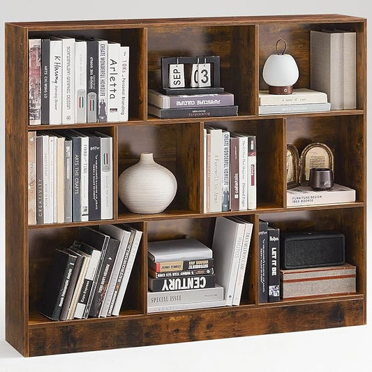 LEYAOYAO 10 Cube Bookshelf with Base,3 Tier Mid-Century Modern Grey Bookcase,Standing Wide Bookshelves Storage Organizer Shelf,Rustic Wood Display Cabinet Book Shelves for Bedroom,Living Room,Office