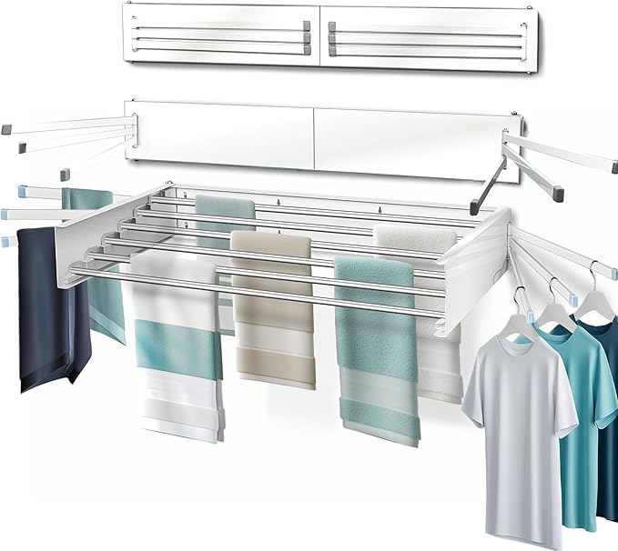 MODERN-X Wall Mounted Clothes Drying Rack with 6 Swivel arms, 35”Wide, 26 Linear ft of Laundry Drying Rack Space, 6 Collapsible Aluminum rods, 2X Drying Capacity, Space Organizer Holds up to 60lbs