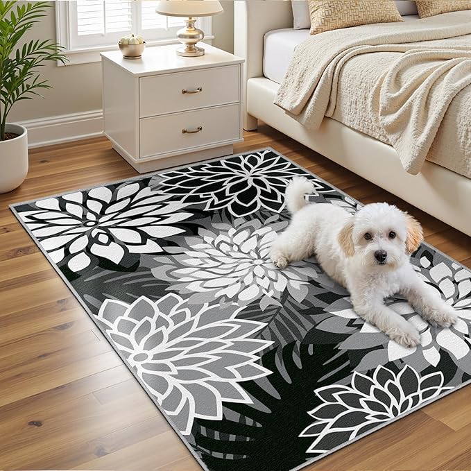 Area Rug 3x5 Black White Washable Entry Rug Multicolored Tropical Botanical Modern Floral Indoor Kitchen Door Mat Entrance Carpet Non Slip for Bedroom Living Room, Porch