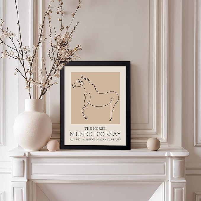 Poster Master Vintage Poster - Retro Minimalist Print - Gift for Artist, Friend - Horse, Line Drawing, Sketch, Abstract - Wall Decor for Living Room, Bedroom, 8x10 Black Framed
