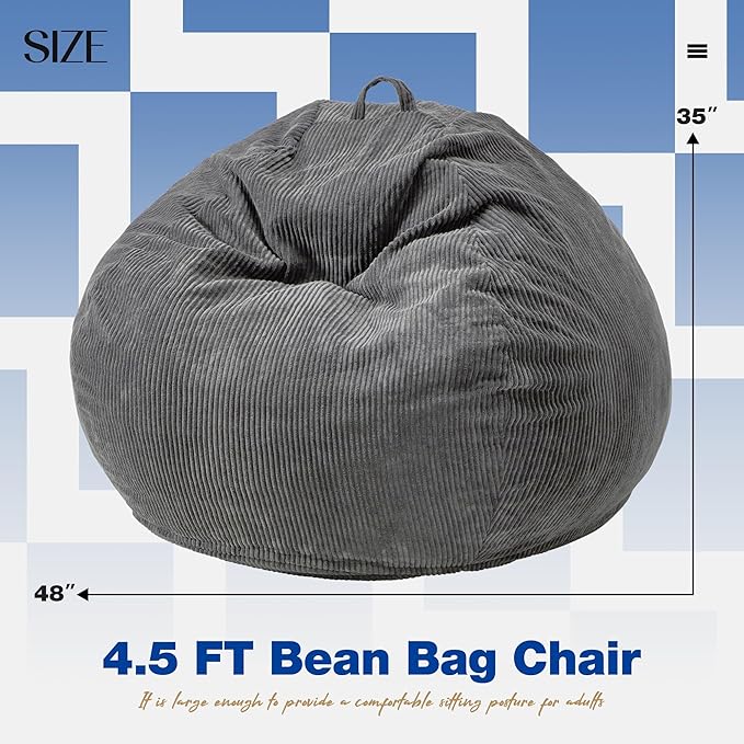 Hobestluk 4.5FT Bean Bag Chair Giant Bean Bag Chair with Filler Included Adult Bean Bag Chairs with Removable Cover for Bedroom Living Room - (Jumbo, Grey)