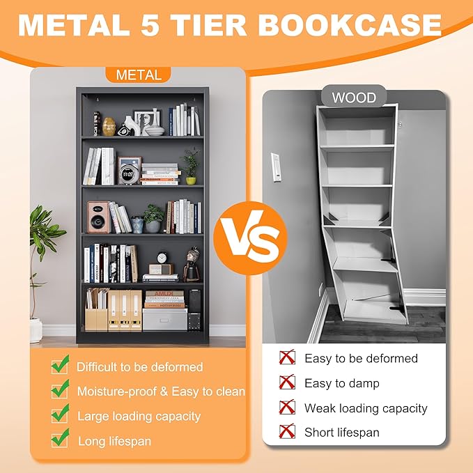 Black Bookshelf, 55” Adjustable Tall Metal Bookshelf, 5-Tier Toy Storage Organizer with Anti-Tilt Device, Modern Book Cases and Book Shelves for Bedroom, Playroom, Classroom, Study