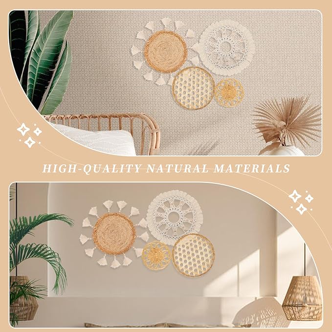 Boho Wall Basket Decor Set of 4 - Flat Woven Basket Wall Hanging Decor,Round Tassels White Macrame Tapestry Wall Decor Art,Handmade Rattan Wicker Seagrass Home Wall Baskets Decor(Wooden Beads Style)