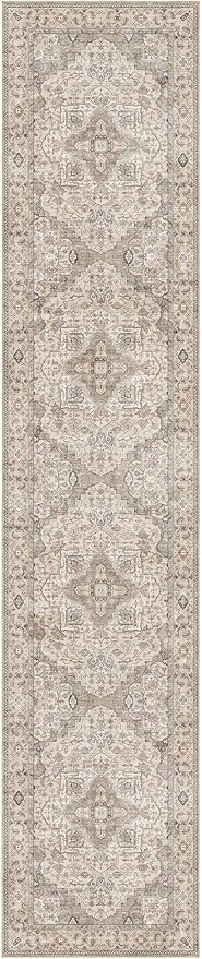 Washable 2.6x12 Runner Rug - Area Rugs Neutral Vintage Distressed Floral Farmhouse Boho Large Soft Floor Rug Indoor Carpet for Hallway Entryway Kitchen Home - Brown/Multi