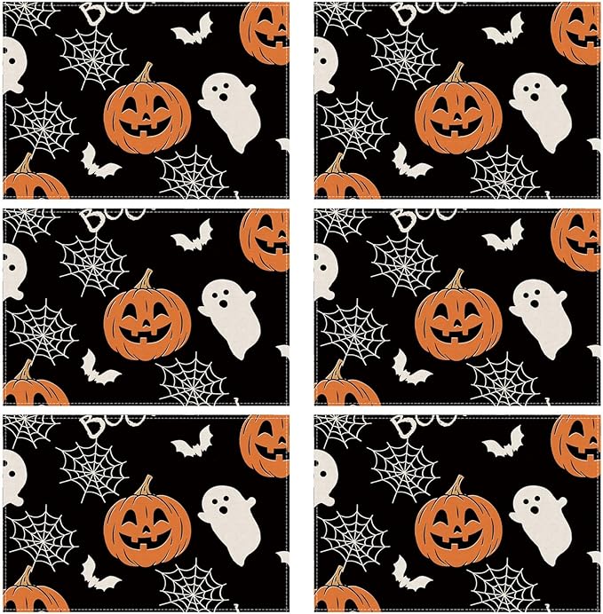 XCHI Boo Spooky Ghost Pumpkin Halloween Cloth Placemats Set of 6 Table Mats Table Decorations 12x18 Inch