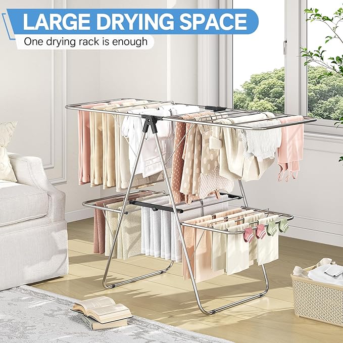 APEXCHASER Clothes Drying Rack with 4 Wings, Drying Rack Clothing with Height-Adjustable, Foldable Gullwings Laundry Drying Rack, Indoor Outdoor Use, No Assembly, Black
