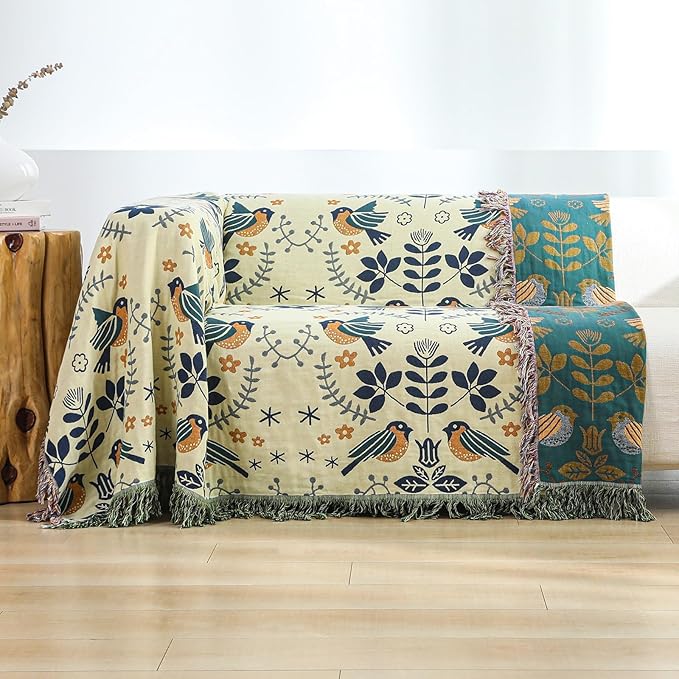 Bed Blankets Versatile Fall Throw Blanket,Boho Blanket & Organic Cotton Throw Blanket,Perfect for Beds,Couches,Chairs,& Vintage Décor,Featuring Unique Bird & Flower Patterns