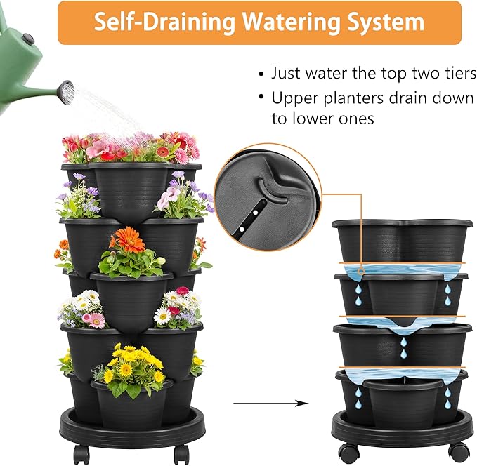 VECELO 5 Tier Vertical Garden Planter, Self Watering Stackable Planters with Wheels for Strawberries, Herbs, Flowers, Vegetables, Black
