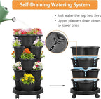 VECELO 5 Tier Vertical Garden Planter, Self Watering Stackable Planters with Wheels for Strawberries, Herbs, Flowers, Vegetables, Black