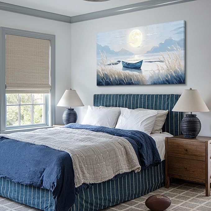 Oversized Large Living Room Wall Art, Blue Wall Decor for Bedroom, Modern Nautical Ocean Beach Seascape Nature Picture Sailboat Moon Lake Mountain Canvas Print Relaxing Serene Coastal Rustic Artwork