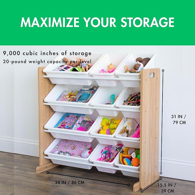 Humble Crew Kids Toy Storage Organizer with 12 Plastic Bins, Natural Wood/White – Removable Bins for Playroom, Bedroom, Toddler Furniture for Boys and Girls Ages