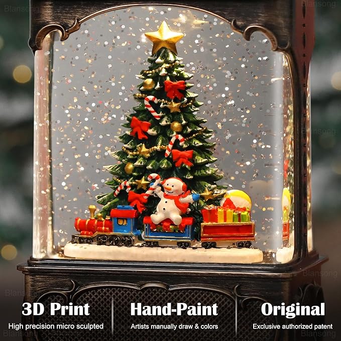 Christmas Tree Snow Globe Lantern Christmas Decorations Gifts Auto Snowfall Glitter Music Collection Snowman Train Candy Cane with 6H Timer USB/Battery Powered 10.2 inch