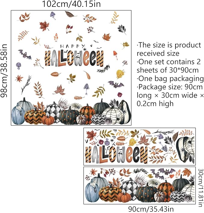 clothmile 40.15 x 38.58 Inch Happy Halloween Pumpkins Wall Decals Halloween Leaves Bat Spider Wall Stickers Halloween Removable Wall Sticker for Halloween Party Supplies Home Wall Decor