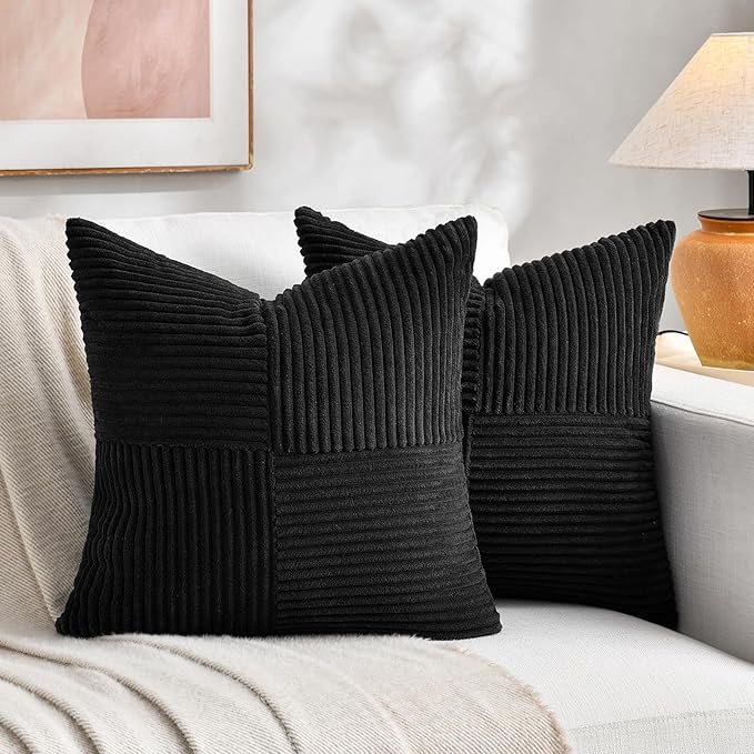 Fancy Homi 2 Packs Black Decorative Throw Pillow Covers 16x16 Inch for Living Room Couch Bed Sofa, Rustic Farmhouse Boho Home Decor, Soft Corss Patchwork Corduroy Textured Square Cushion Case 40x40 cm