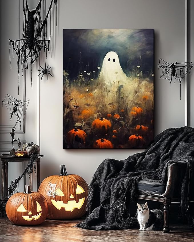 Halloween Canvas Wall Art, Spooky Ghost in Pumpkin Patch Poster, Vintage Gothic Fall Decor, Dark Academia Fall Decor for Living Room, Framed Indoor Halloween Decorations