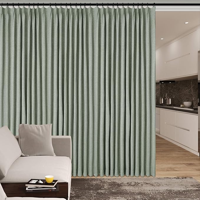 70" W x 108" L Faux Linen Room Divider Curtains, Full Blackout Pinch Pleated Drapes for Traverse Rod, Bedroom Divider Privacy Drapery with Hooks for Ceiling Track, 1 Panel, Fog Green