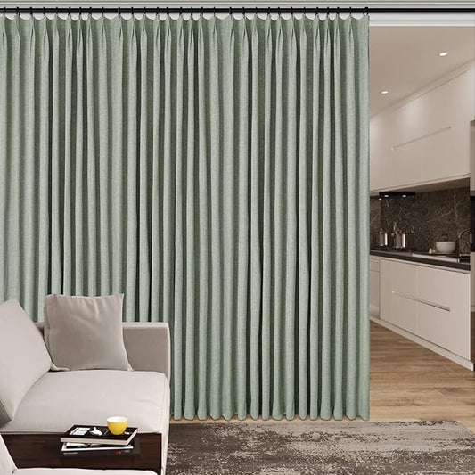 Full Blackout Privacy Curtains, 240 Inch Extra Wide Linen Blend Drapes, Pinch Pleat Window Drapery for Room Divider Storage/Space Room Separation, 1 Panel, W 240" x L 108", Fog Green