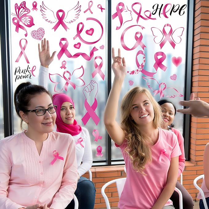 9 Sheets Breast Cancer Awareness Window Clings, 77 Kinds of Pink Window PVC Stickers for Pink Ribbon Decorations, Hope Fight Cancer Theme Windows Decals for Glass Home Decor Supplies