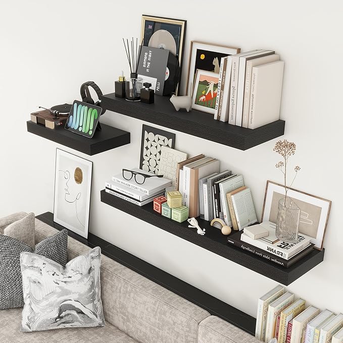 12'' Deep Floating Shelves, 48 Inch Large Floating Shelf Black, Deep Wall Shelves for Living Room Bathroom Laundry Room Bedroom Kitchen Home Office - Black