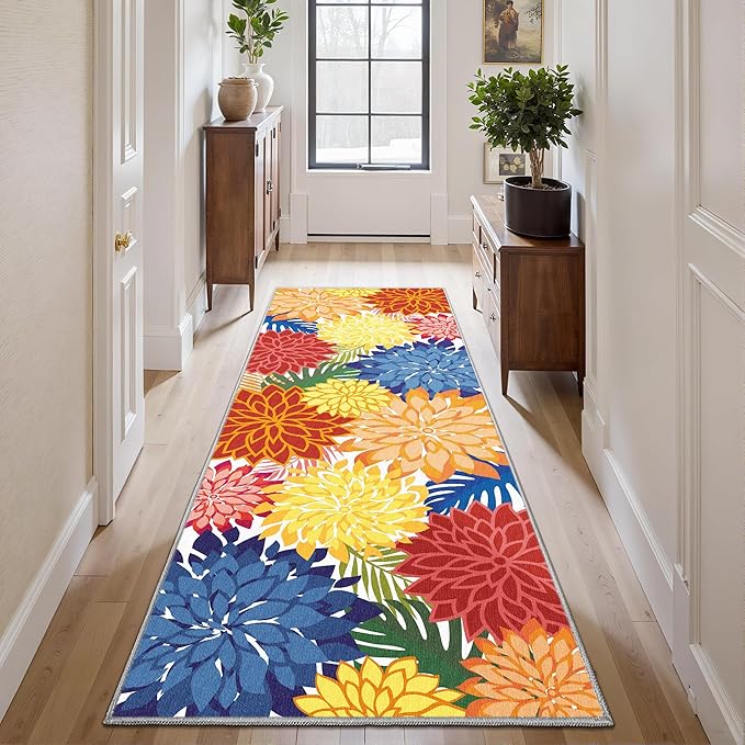 Area Rug 2x6 Washable Entry Rug Multicolored Tropical Botanical Modern Floral Indoor Kitchen Door Mat Entrance Carpet Non Slip for Bedroom Living Room, Porch