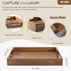 Joy&Grace Ottoman Tray for Living Room 16.7 x 12.8 inch Large Acacia Wooden Serving Tray with Handles for Coffee Table, Breakfast in Bed, Food Dinner, Decorative Rectangular Tray (Color Natural)
