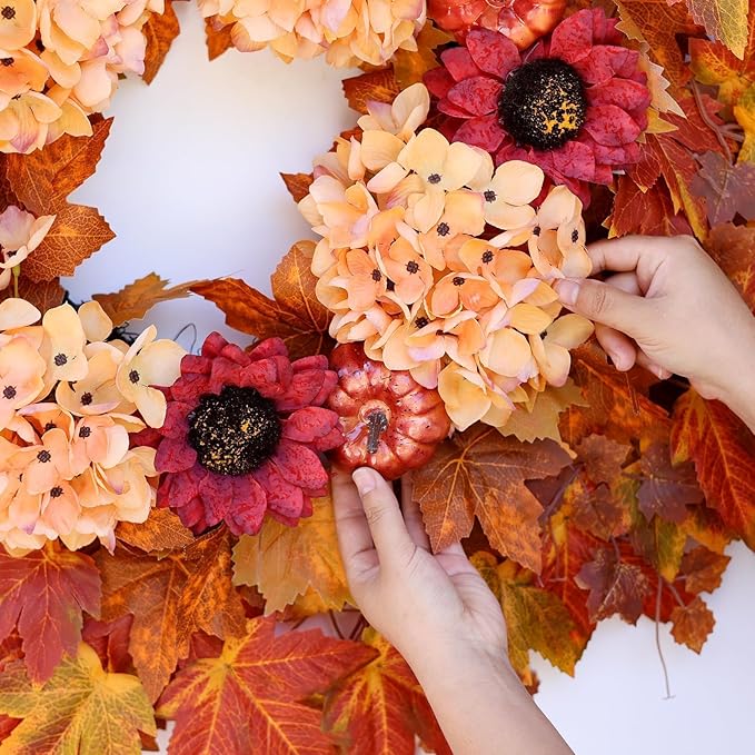 28'' Large Fall Wreath for Front Door, Porch, Window- Artificial Maple Leaves Faux Sunflower Hydrangea Pumpkins Outdoor Autumn Wreath for Home, Farmhouse Wall Thanksgiving Day Harvest Festival Decor