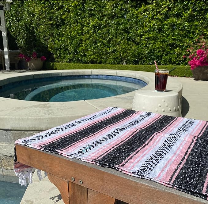 Del Mex Classic Mexican Blanket, Large Authentic Woven Falsa Throw (70"x50"), Artisan Southwest Décor for Beach, Yoga, Outdoors (Pink)