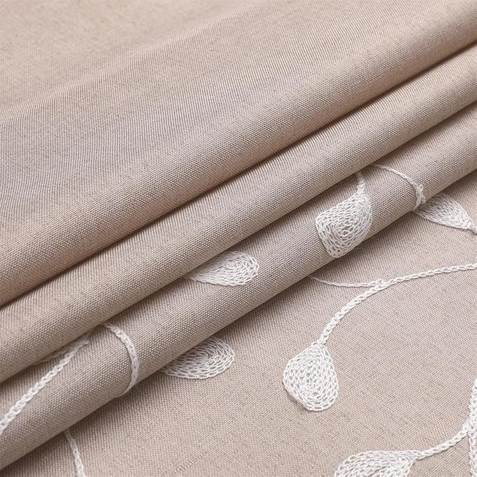 MIUCO Light Filtering Faux Linen Curtains - 95 Inch Long Bedroom & Living Room Drapes, Linen Floral Embroidered Solid Mix & Match, Semi Sheer Grommet Farmhouse Curtains, 2 Panels Set