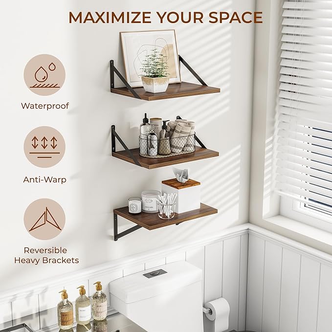 Heimlove Deep Floating Shelves for Wall, 12 Inch Deep Floating Shelves Set of 3, 16W x 12D Wood Wall Shelves, Wide Wood Shelves with Metal Bracket for Living Room, Kitchen, Office, Bedroom - Walnut