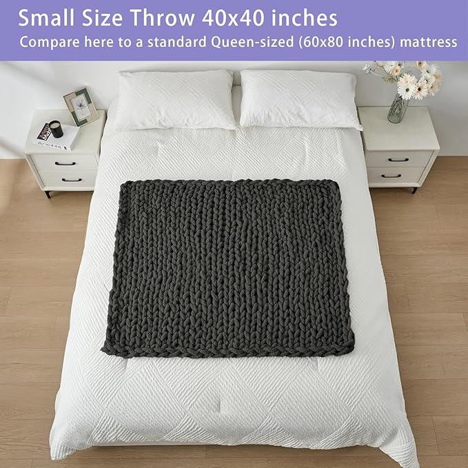 Bigacogo Chunky Knit Throw Blanket for Couch, 40x40 inches, 100% Hand Knitted with Thick Jumbo Chenille Yarn, Cozy Soft Large Rope Knot Cable Crochet Blankets for Sofa Bed Living Room, Dark Grey