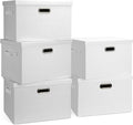 Large 17" 36 Quart Collapsible Stackable Storage Bins with Lids, 5 Packs White Linen Fabric Closet Boxes with Lids, Storage Cube Baskets Container Organizers for Bedroom Office(17 x12 x11)
