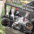 Outdoor Bar Cart with Storage Cabinet, Patio Bar Table with Tempered Glass Tabletop, Outdoor Serving Grill Cart with Rolling Wheels, Rattan Bar Cart for Patio, Backyard, Grey Wicker