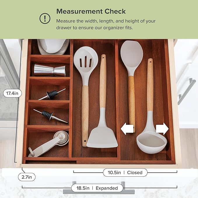 Adjustable Kitchen Drawer Organizer for Utensils and Junk, Food-Safe Contract Grade with 100% Sustainable Wood, Non-Slip, Expandable from 10.5 to 18.5 Inches Wide - Natural Acacia