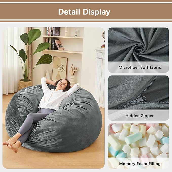 3 Feet Bean Bag Chair - BeanBag Chairs for Adults, Living Room Furniture Sofa with Soft Micro Fiber Cover, Round Fluffy Couch for Bedroom College Dorm - Grey