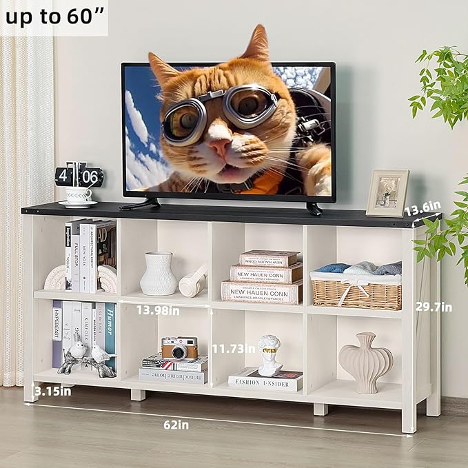 8 Cube Book Shelf, Farmhouse Wood Long Storage Organizer Bookcase, 62" Horizontal Antique White & Black Console Bookshelf, Kids Toy Storage Cabinet, Modern Open Book Case for Playroom, Office