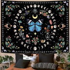 Aipon Blue Butterfly Moon Flower Tapestry Botanical Boho Plant Floral Wall Hanging for Bedroom and Living Room (36.00'' 48.00'', Blue)