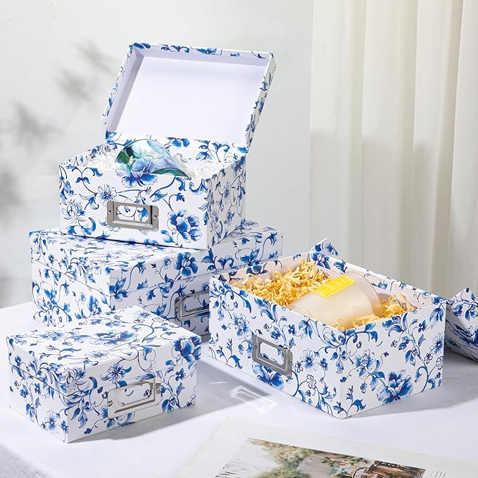 Briful Decorative Photo Storage Boxes with Lids, Set of 4 – Blue and White Porcelain Pattern, Nested Card Storage Box Organizer, Decorative Paperboard Box for Closet, Office, Gifts,Cosmetic,Books