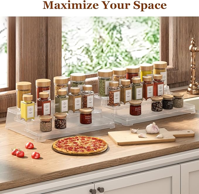 MUDEELA 2 Pack 3 Tier Spice Rack Organizer for Cabinet 11.6-Inch Spice Organization for Pantry, Non-Skid Spice Shelf with Protection Railing, Versatile Seasoning Organizer for Kitchen Counter