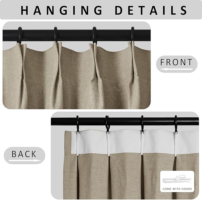 Macochico Pinch Pleated Blackout Linen Curtains 96 Inches Long 100% Light Blocking Burlap Curtains for Bedroom Living Room Thermal Window Panels with Tieback 72”Wx96”L Light Khaki 1 Panel