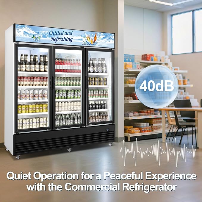 Tylza Commercial Refrigerator, Three Glass Door Display Beverage Fridge, 59.06 Cu Ft Upright Beverage Cooler Merchandiser with Replaceable Advertising Light Board, Rebound Door, Fast Cooling