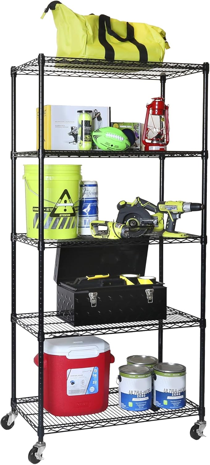 Seville Classics UltraDurable Heavy Duty NSF Solid Steel Wire Rack Storage Unit, Organizer for Garage, Warehouse, Office, Restaurant, Classroom, Kitchen, Black, 5-Tier Shelving, 36" W x 18" D