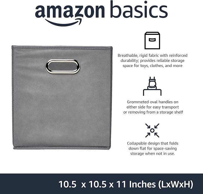 Amazon Basics Collapsible Cube Storage Organizer Bins, 6-Pack, 10.5 x 10.5 x 11 inches, Light Grey
