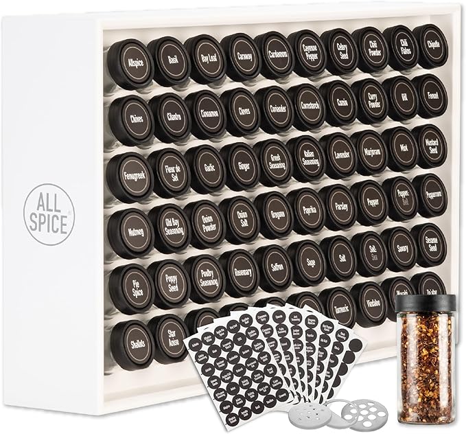 AllSpice Spice Rack Organizer, Wood, 525 Unique Labels, Countertop or Wall Mount, Includes 60 4oz Jars- Matte White