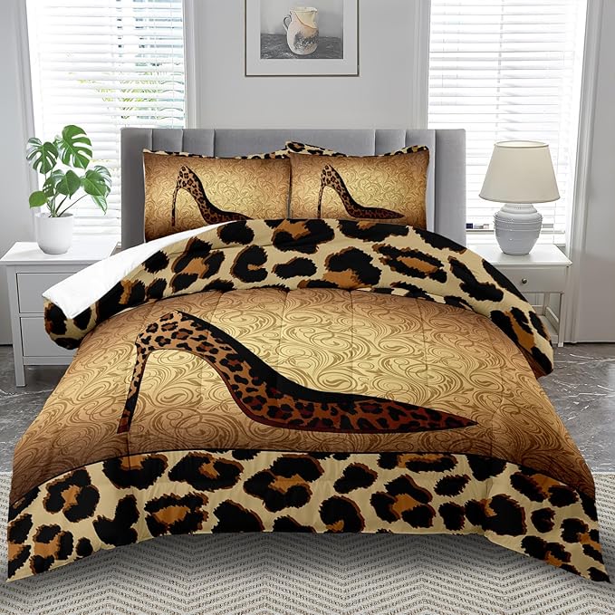 Leopard Comforter Set King Girls,Sexy High Heel Comforter for Women,Leopard Print Bedding Set King Adult,High Heel Quilt Bedroom Decor,African Animal Print Bedding Quilt
