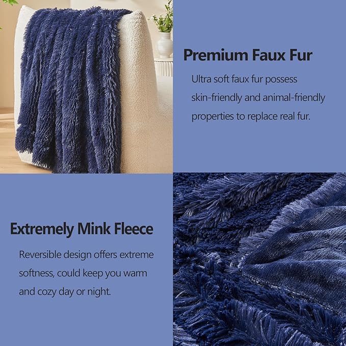 GONAAP Fuzzy Faux Fur Throw Blanket Dark Navy Super Soft Cozy Plush Fuzzy Shaggy Blanket for Couch Sofa Bed (Dark Navy, Throw(50"x60"))